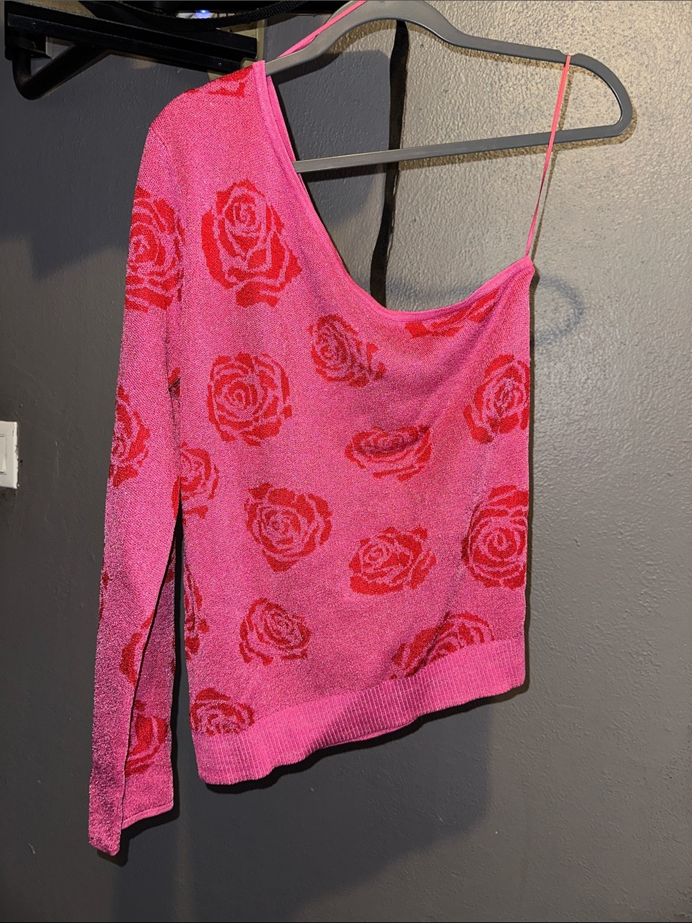 INC International Concepts Pink One-Shoulder Rose Jacquard Sweater